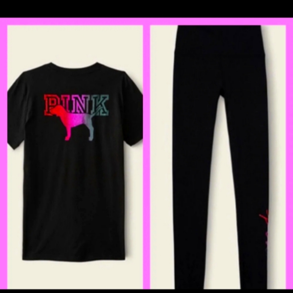 VS PINK Campus Tee Black with Gradient Dog Logo and compression v leggings